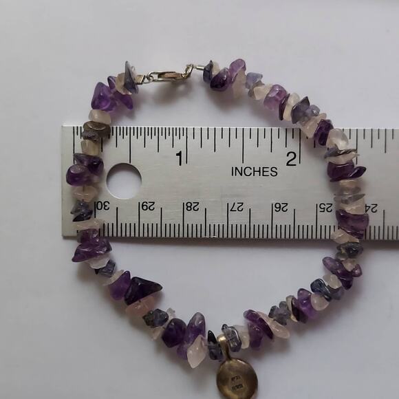 Amethyst & Quartz Chip Bracelet w/ Sterling Friends Charm 7.5" Purple 925 FA - Picture 8 of 9